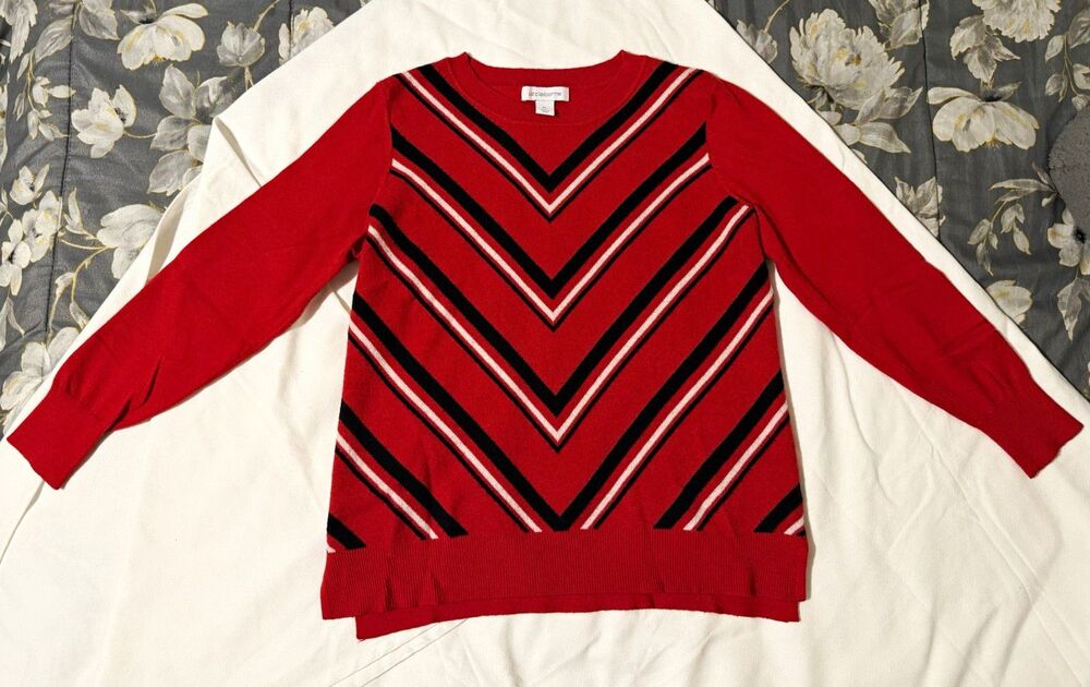 Liz Claiborne Petites PL Red/Black/White Striped Knit Crew Neck Pullover